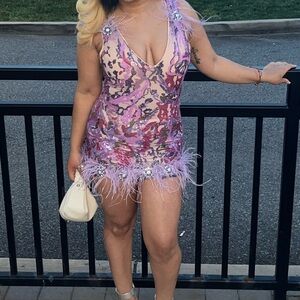 Purple Feather Dress Floral Sequin Dress for Women Embroidery Birthday Dress